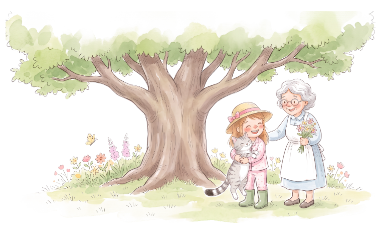 Amy mit Katze Mia und Oma unter dem großen Baum